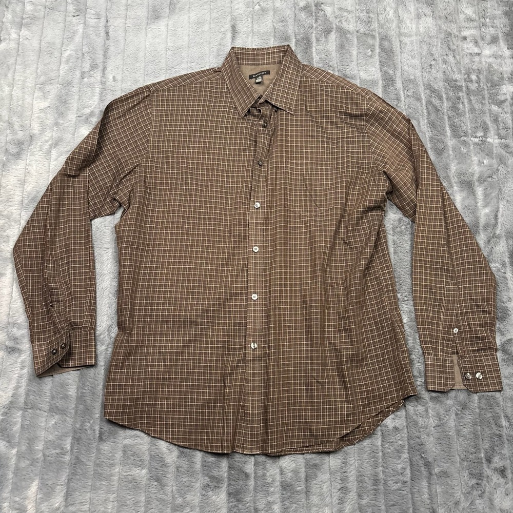Van Heusen Mens Brown Grid Button Down Shirt Large 16-16.5 VHCL1106TL LS